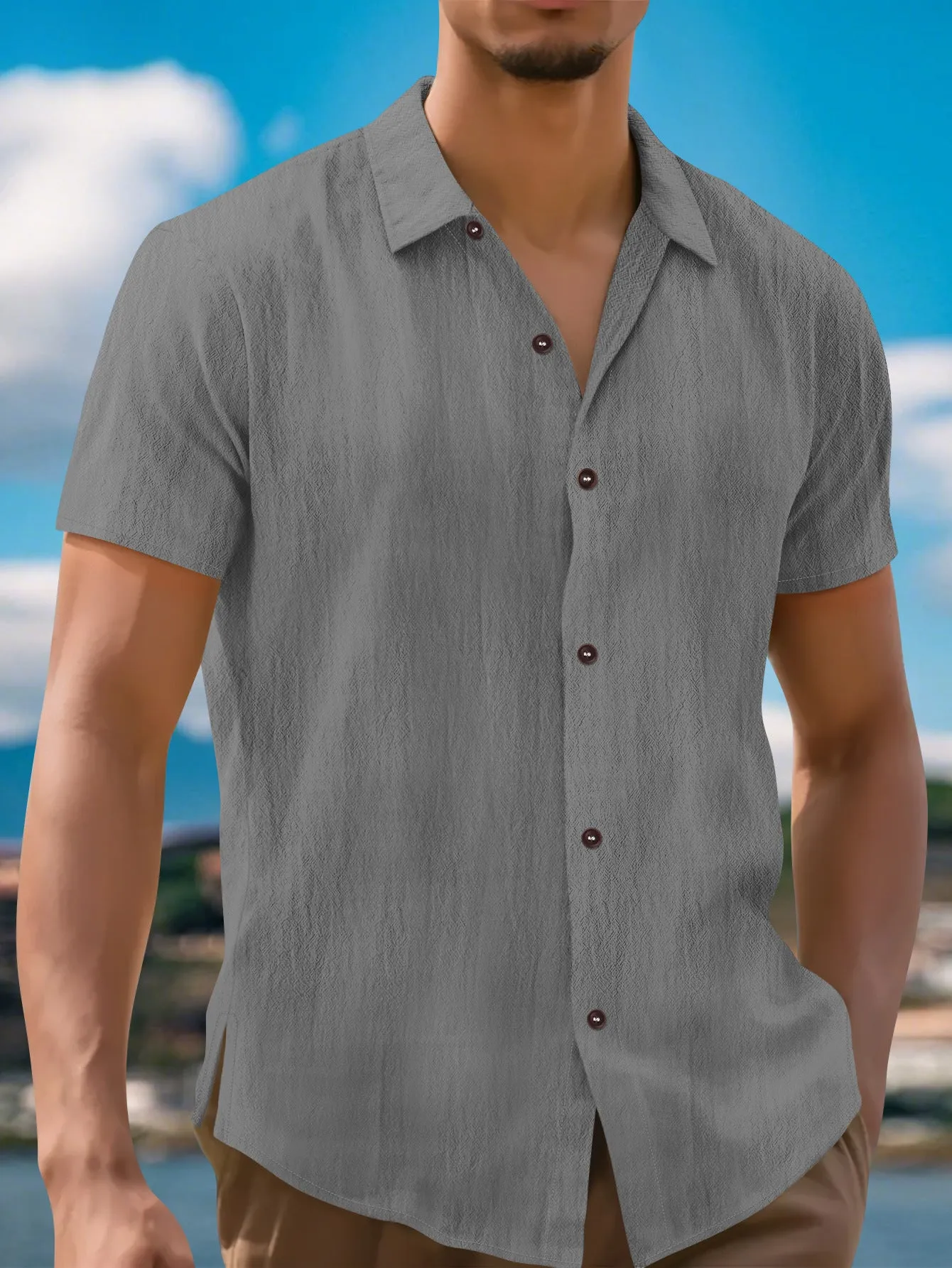 Men's linen lapel short sleeve shirt in khaki, front view, cardigan-style collar, short sleeves