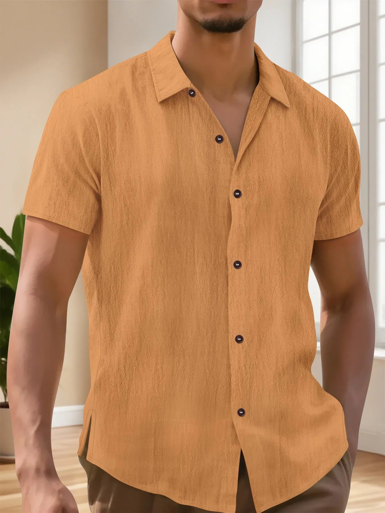 Men's linen lapel short sleeve shirt in khaki, front view, cardigan-style collar, short sleeves