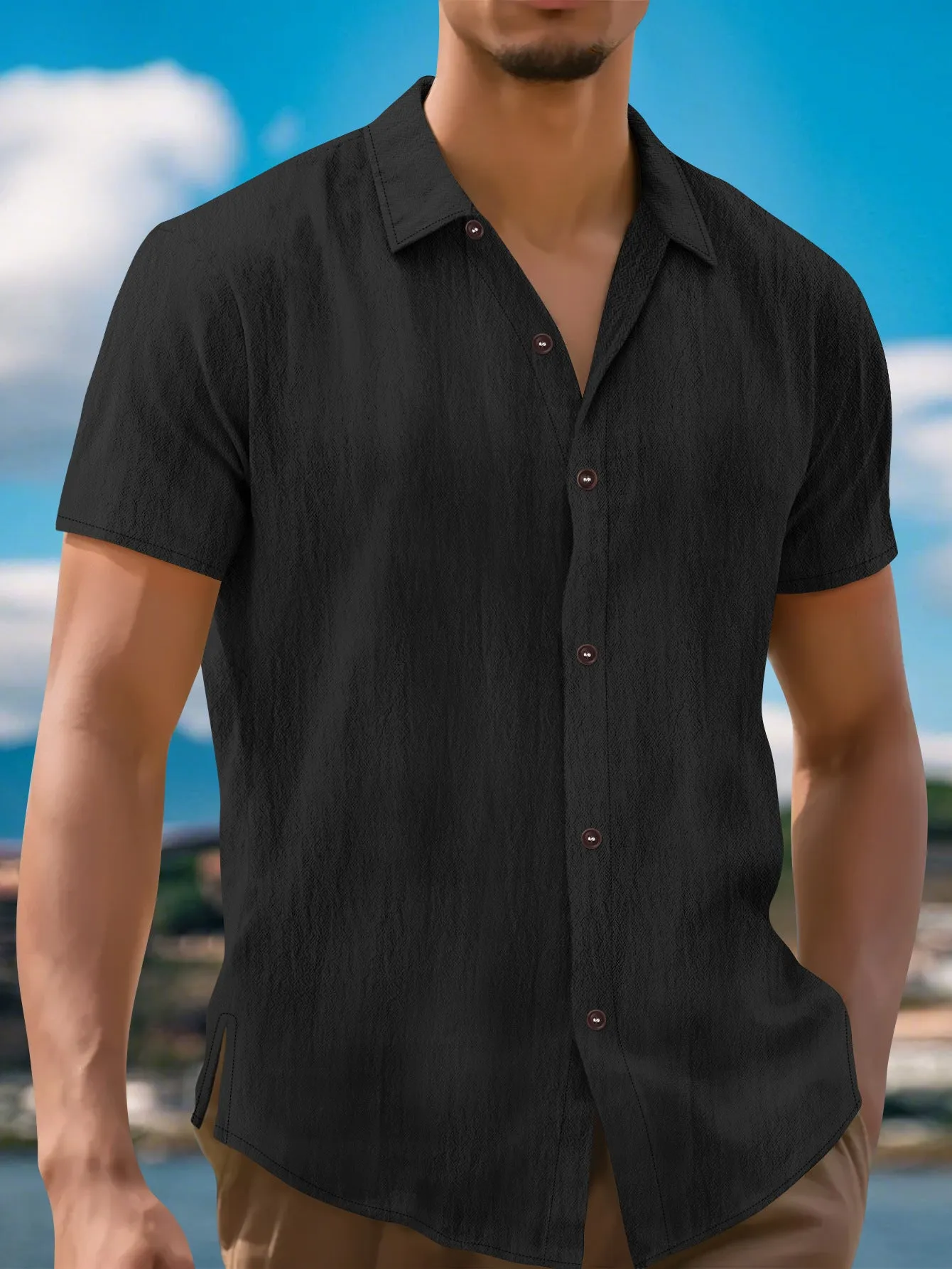 Men's linen lapel short sleeve shirt in khaki, front view, cardigan-style collar, short sleeves