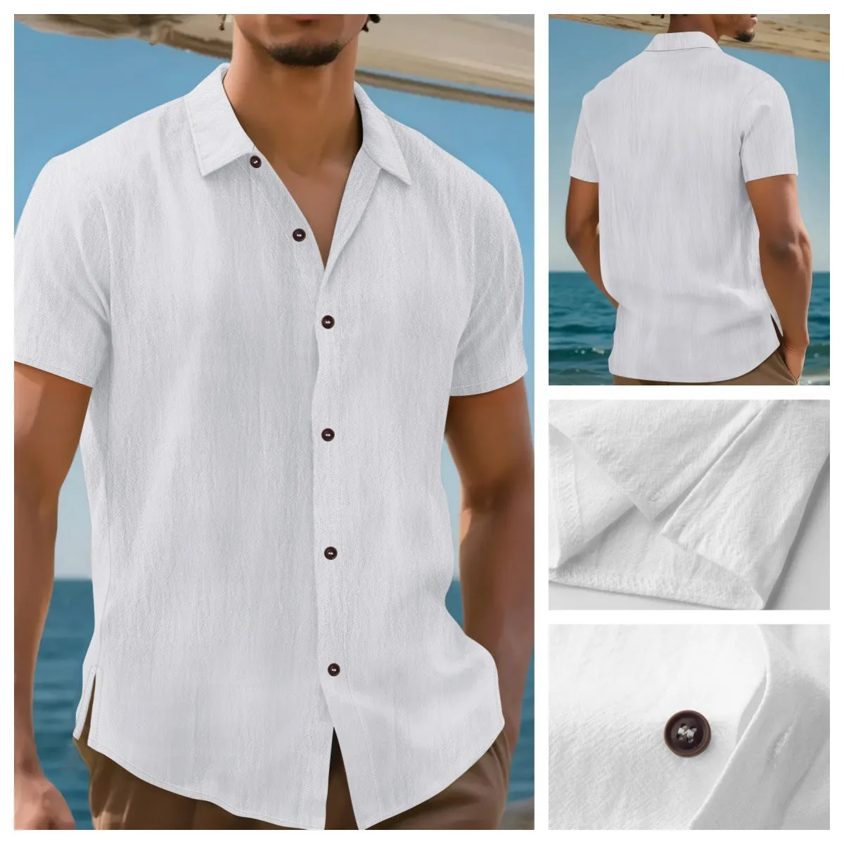 Men's linen lapel short sleeve shirt in khaki, front view, cardigan-style collar, short sleeves