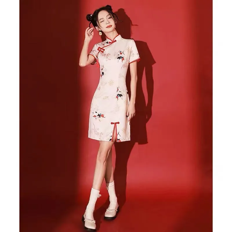 Short cheongsam bridesmaid dress with national tide crane print, quarter sleeves, polyester, available sizes S to 2XL