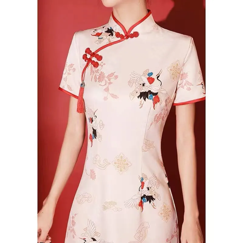 Short cheongsam bridesmaid dress with national tide crane print, quarter sleeves, polyester, available sizes S to 2XL