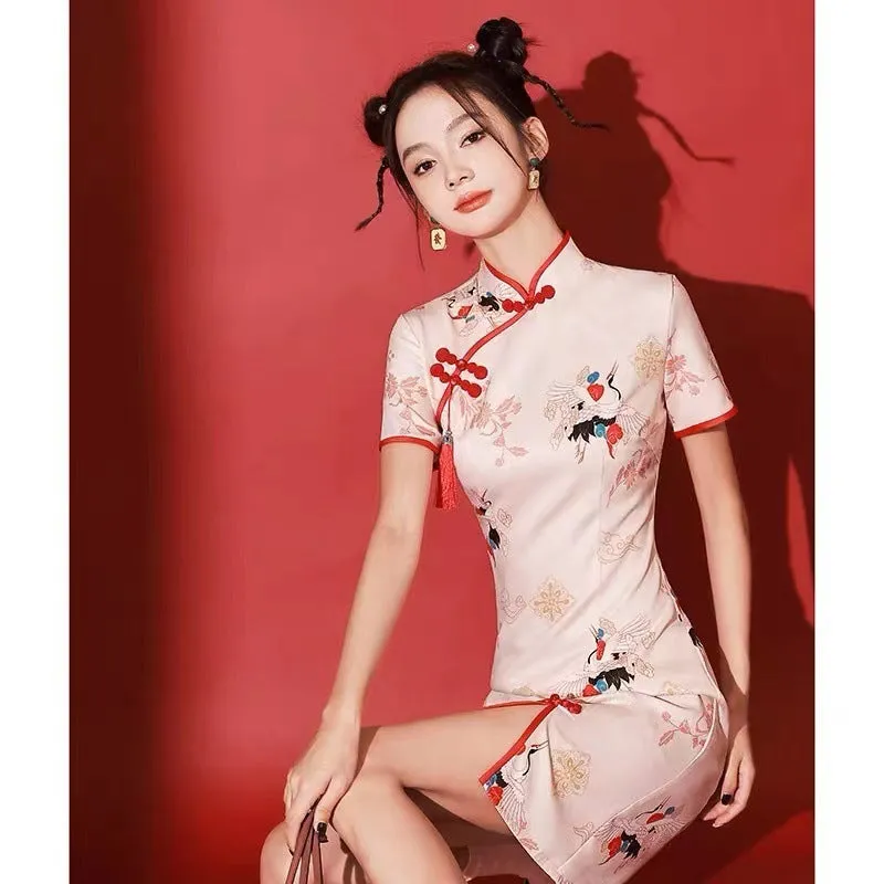 Short cheongsam bridesmaid dress with national tide crane print, quarter sleeves, polyester, available sizes S to 2XL