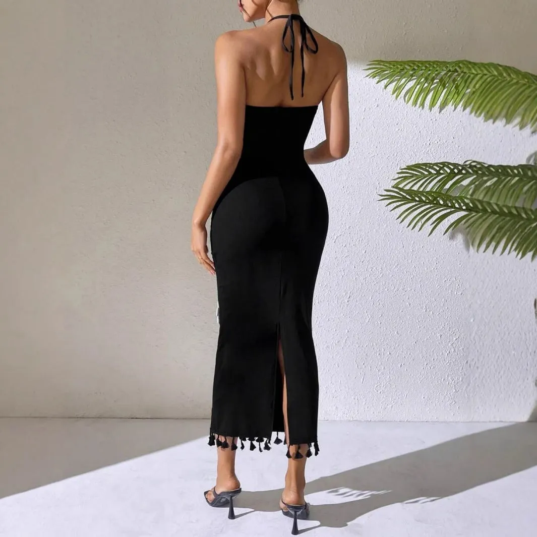 Black slim fit long small turtleneck dress with high waist and sleeveless cut in polyester fabric