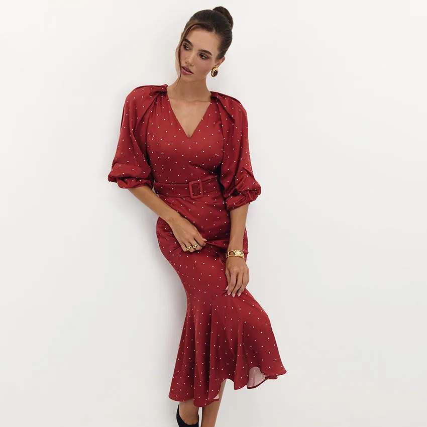 Women's satin V-neck polka dot high waist fishtail long dress in printing colour