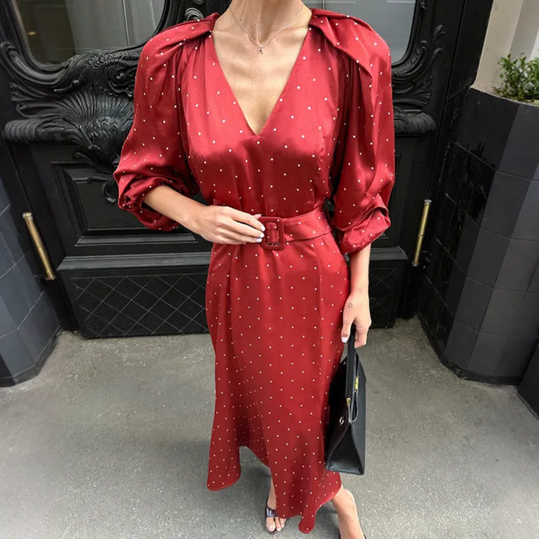 Women's satin V-neck polka dot high waist fishtail long dress in printing colour