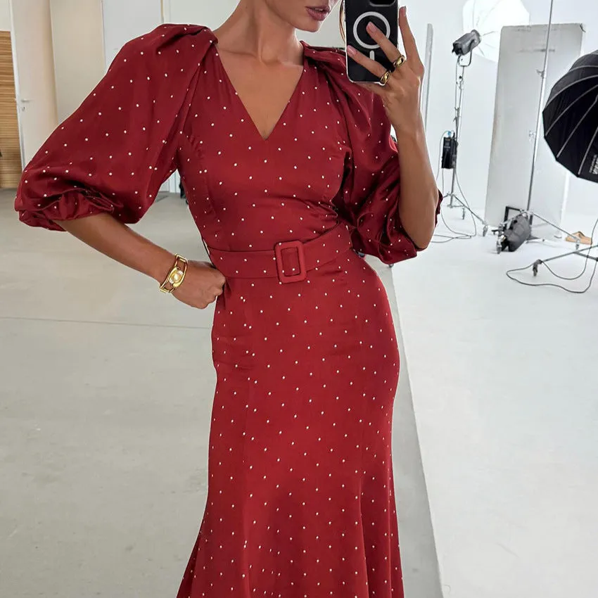 Women's satin V-neck polka dot high waist fishtail long dress in printing colour