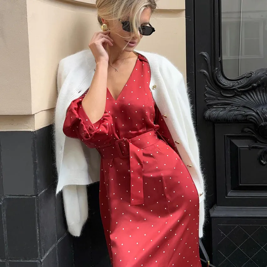 Women's satin V-neck polka dot high waist fishtail long dress in printing colour
