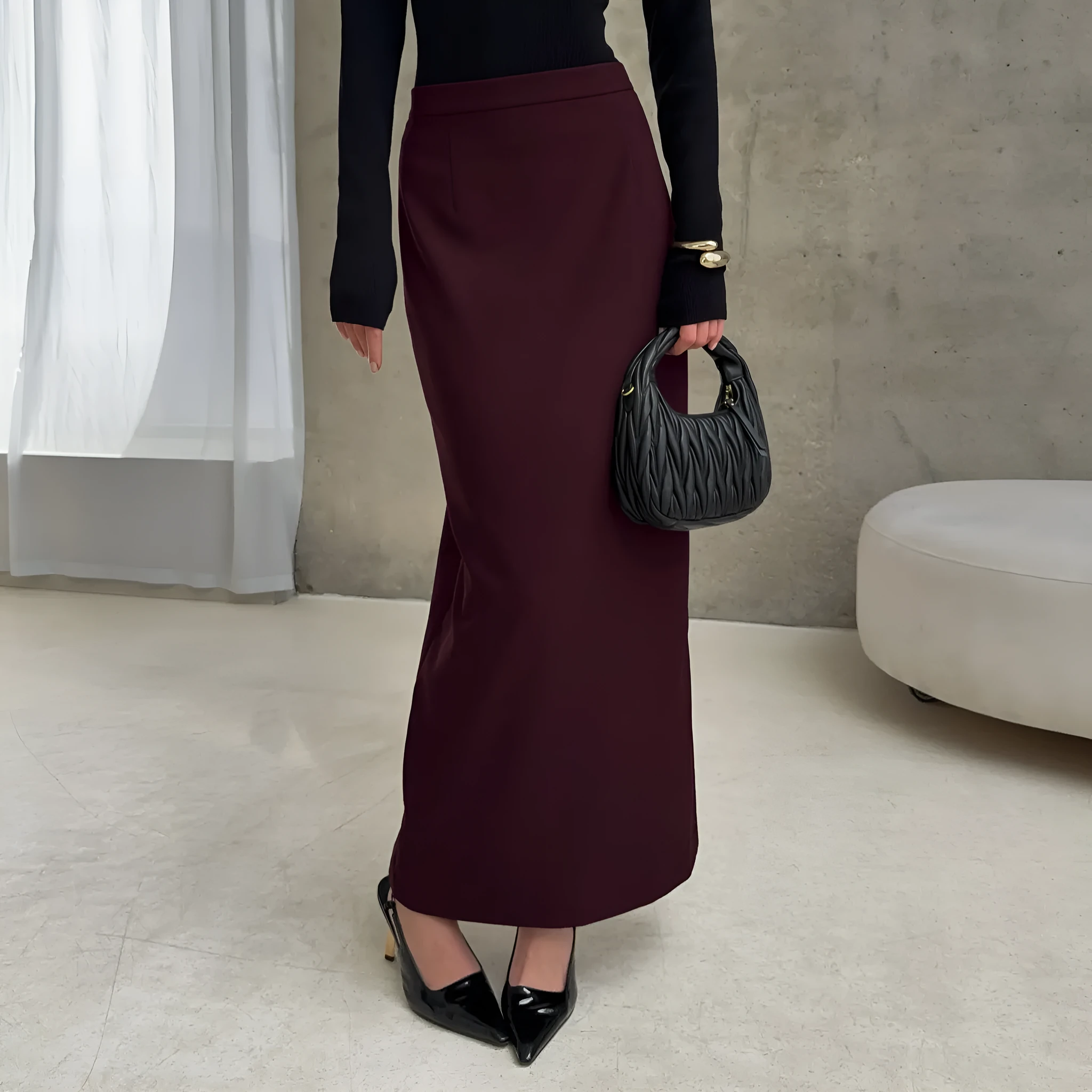 High waist straight skirt dark brown polyester split design front view
