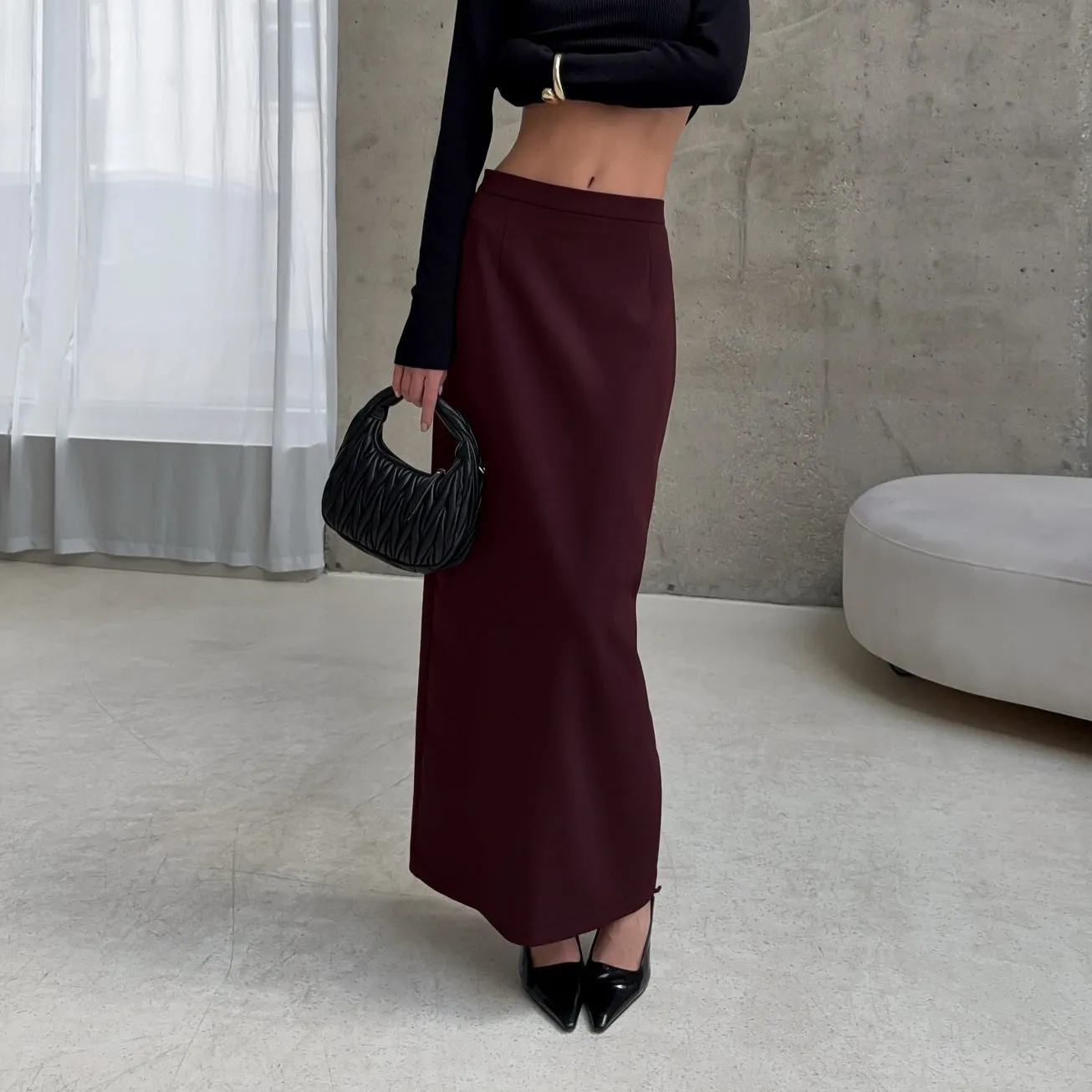 High waist straight skirt dark brown polyester split design front view