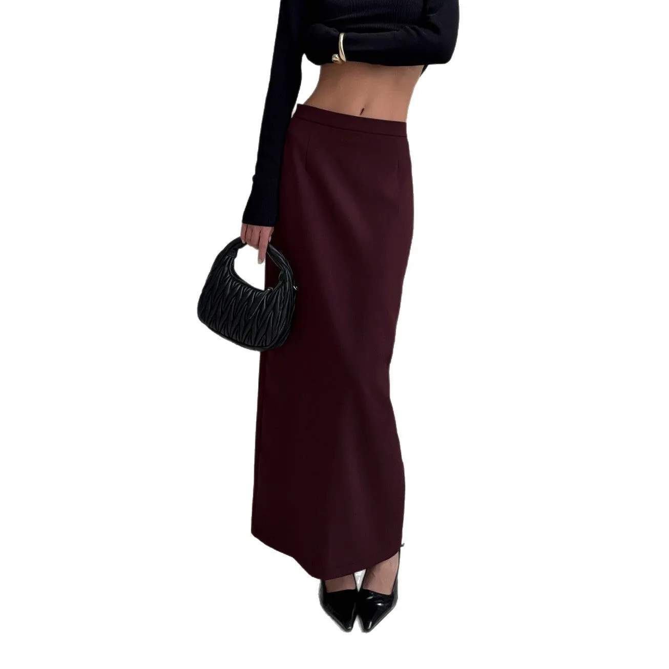 High waist straight skirt dark brown polyester split design front view