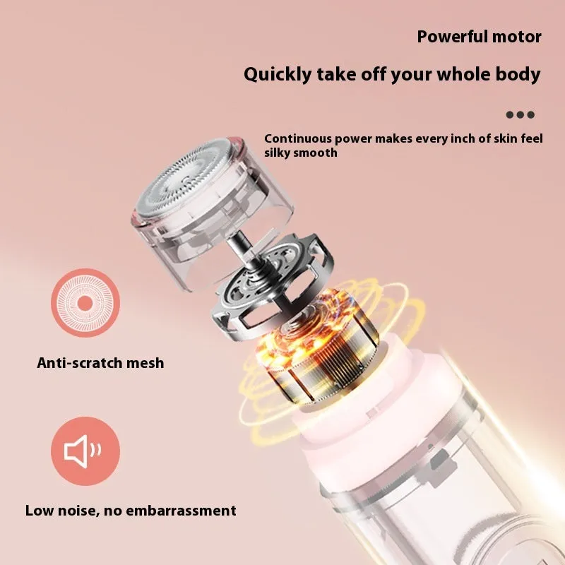 Pink and white portable electric depilator for trimming body hair, shown with USB cable.