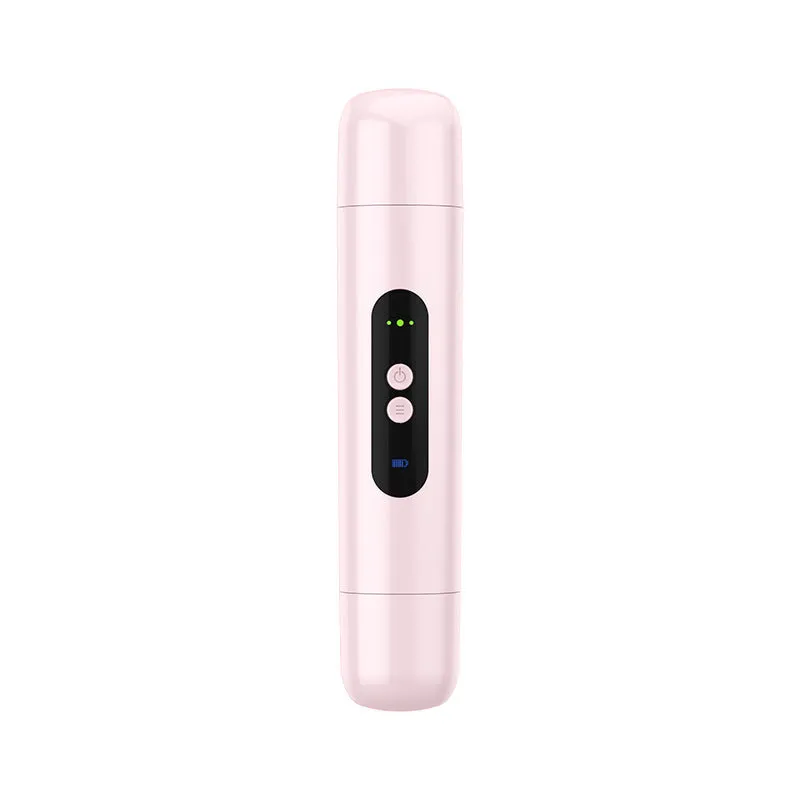 Pink and white portable electric depilator for trimming body hair, shown with USB cable.