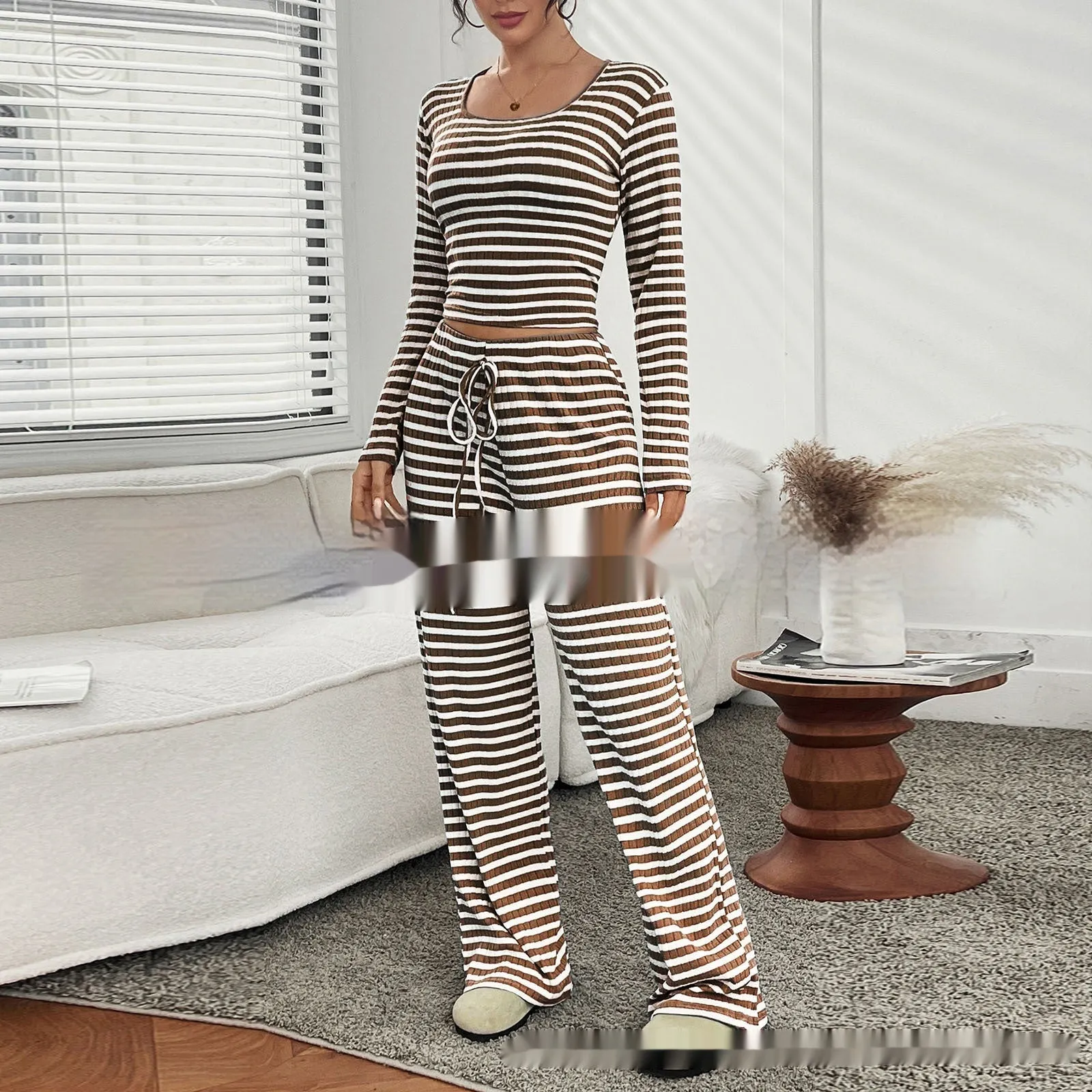 Women's casual long-sleeve suit set in polyester stripes and plaid, available in multiple colours and sizes S to XXL