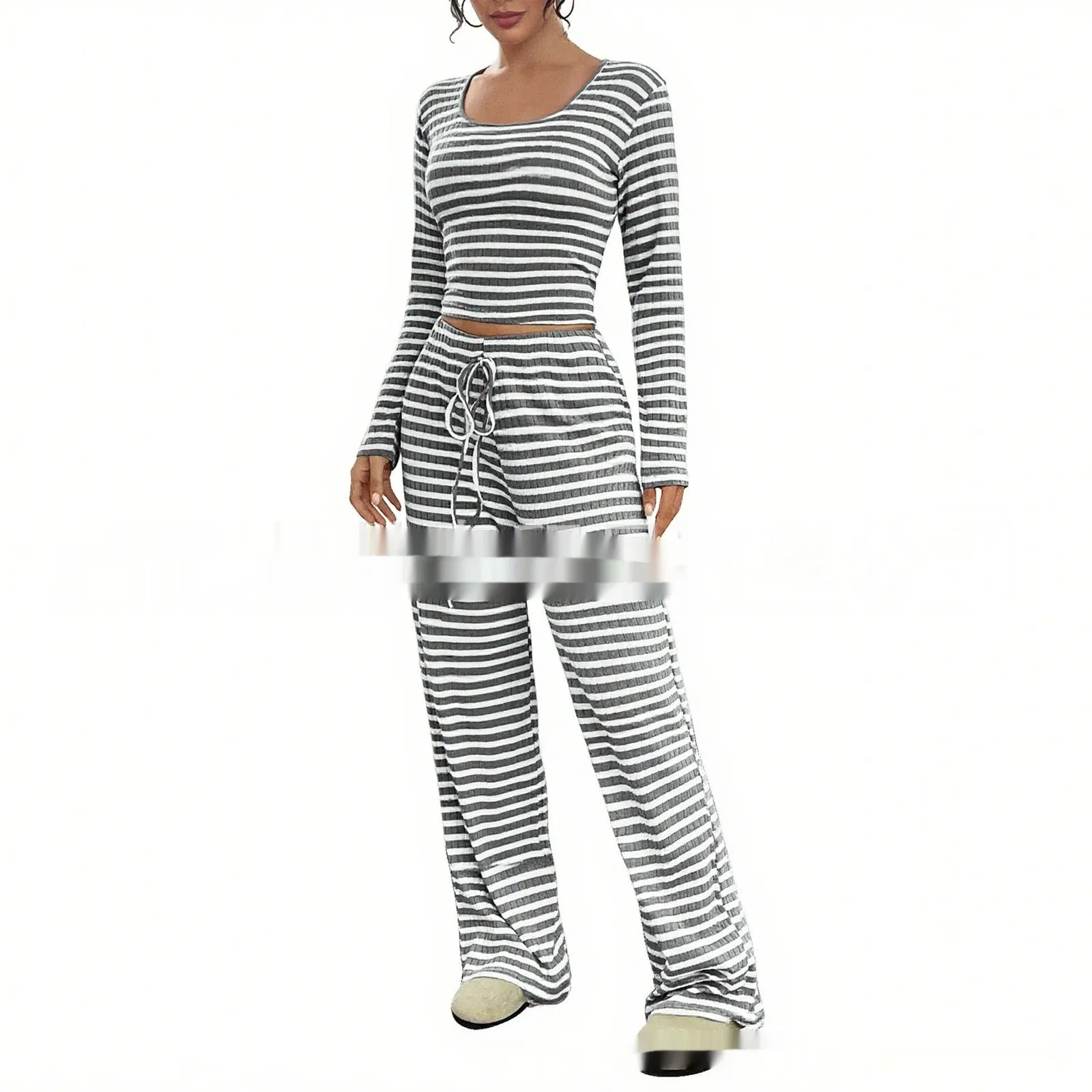 Women's casual long-sleeve suit set in polyester stripes and plaid, available in multiple colours and sizes S to XXL