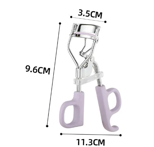 A4 chrome scissors handle eyelash curler with tail, shown in pink and purple colour options.