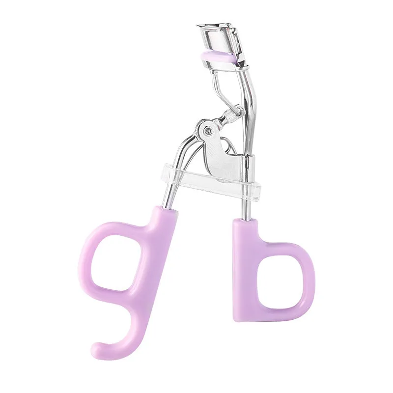 A4 chrome scissors handle eyelash curler with tail, shown in pink and purple colour options.