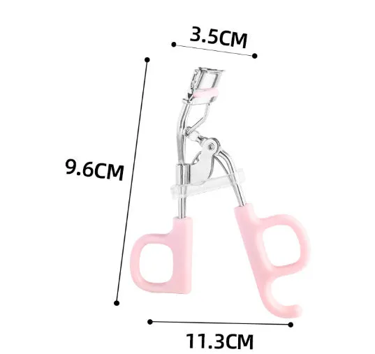 A4 chrome scissors handle eyelash curler with tail, shown in pink and purple colour options.
