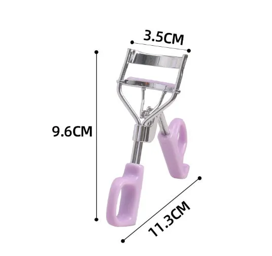A4 chrome scissors handle eyelash curler with tail, shown in pink and purple colour options.
