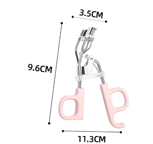 A4 chrome scissors handle eyelash curler with tail, shown in pink and purple colour options.