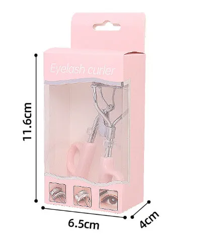 A4 chrome scissors handle eyelash curler with tail, shown in pink and purple colour options.