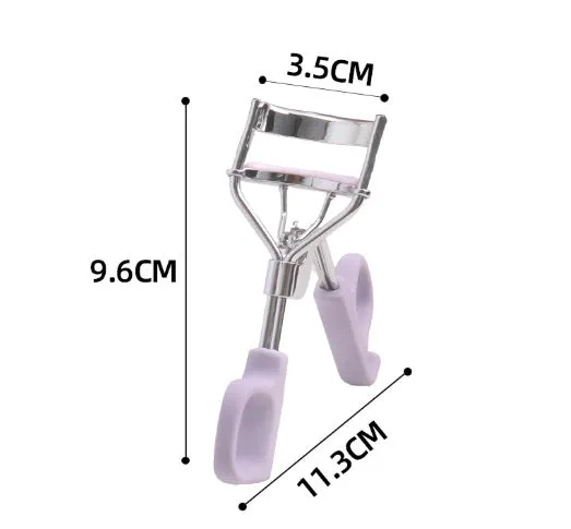 A4 chrome scissors handle eyelash curler with tail, shown in pink and purple colour options.