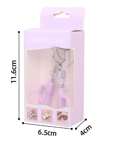 A4 chrome scissors handle eyelash curler with tail, shown in pink and purple colour options.