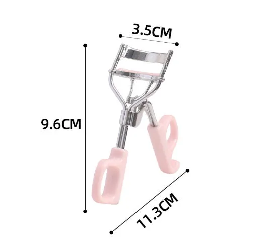 A4 chrome scissors handle eyelash curler with tail, shown in pink and purple colour options.