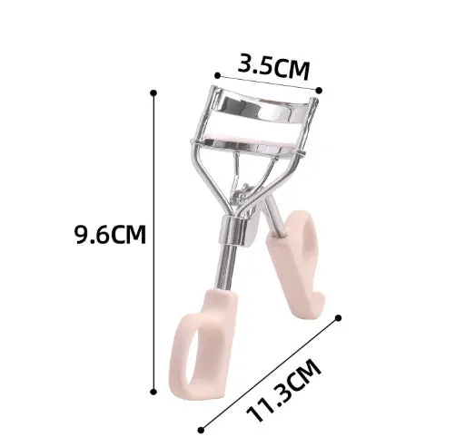 A4 chrome scissors handle eyelash curler with tail, shown in pink and purple colour options.