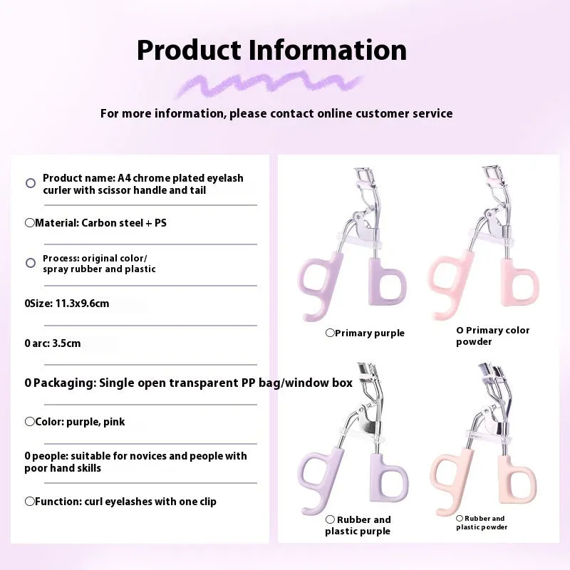 A4 chrome scissors handle eyelash curler with tail, shown in pink and purple colour options.
