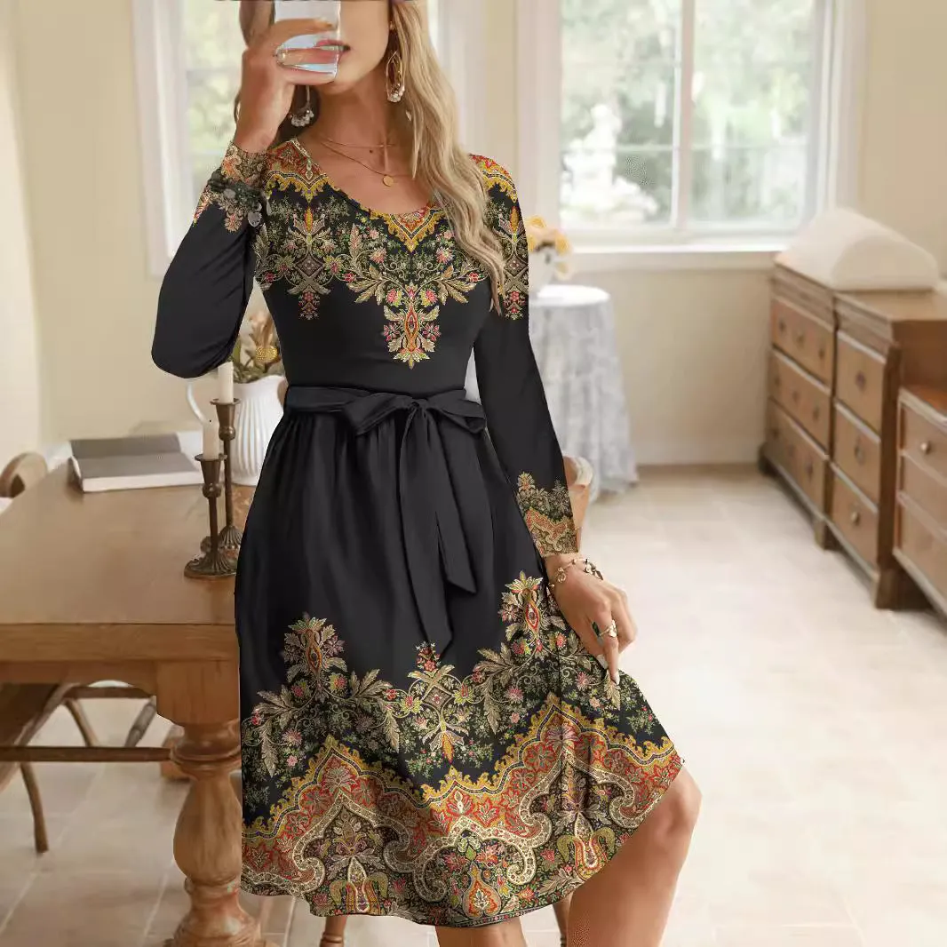 Black printed round neck long sleeve belt mid-length waist dress in polyester milk silk fabric