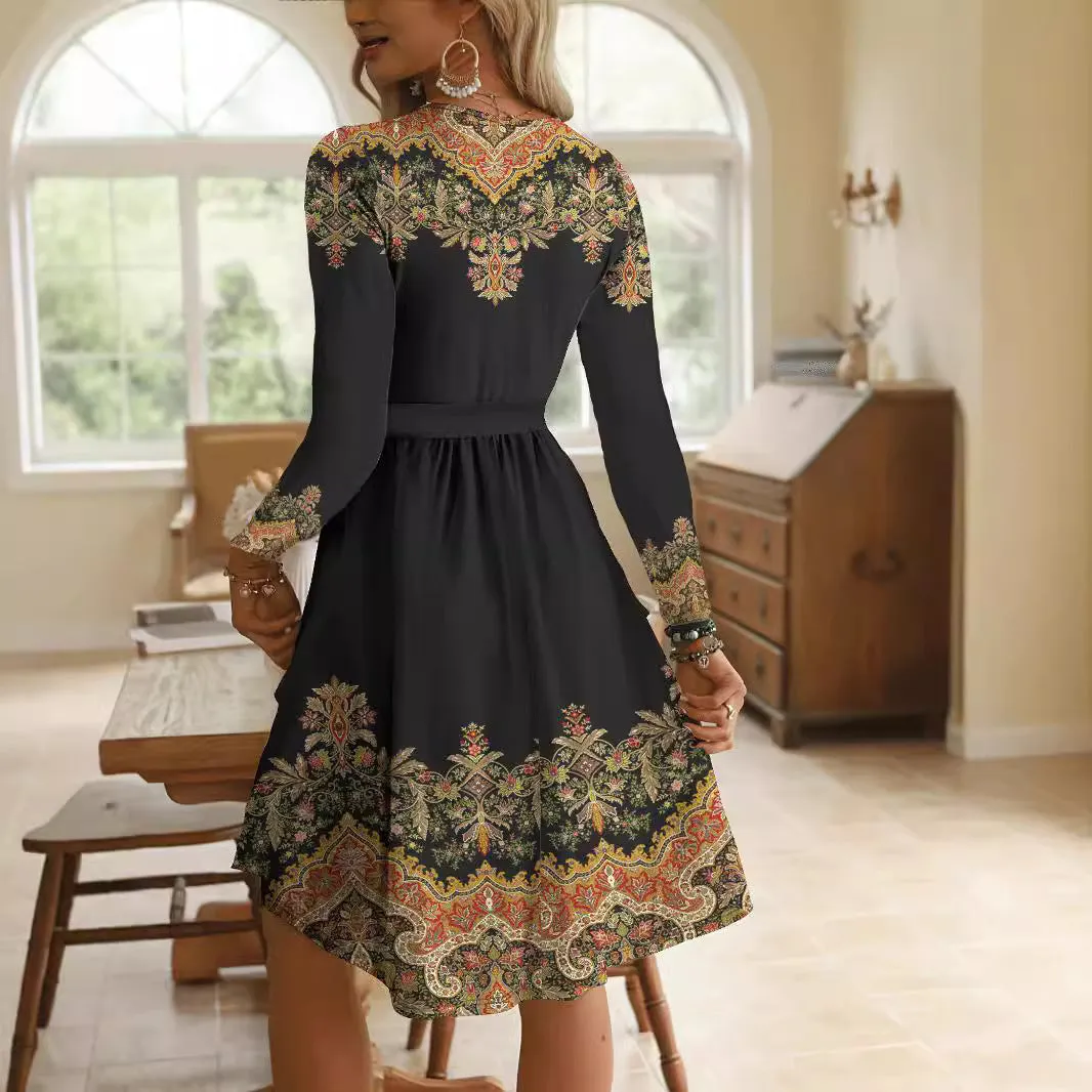Black printed round neck long sleeve belt mid-length waist dress in polyester milk silk fabric