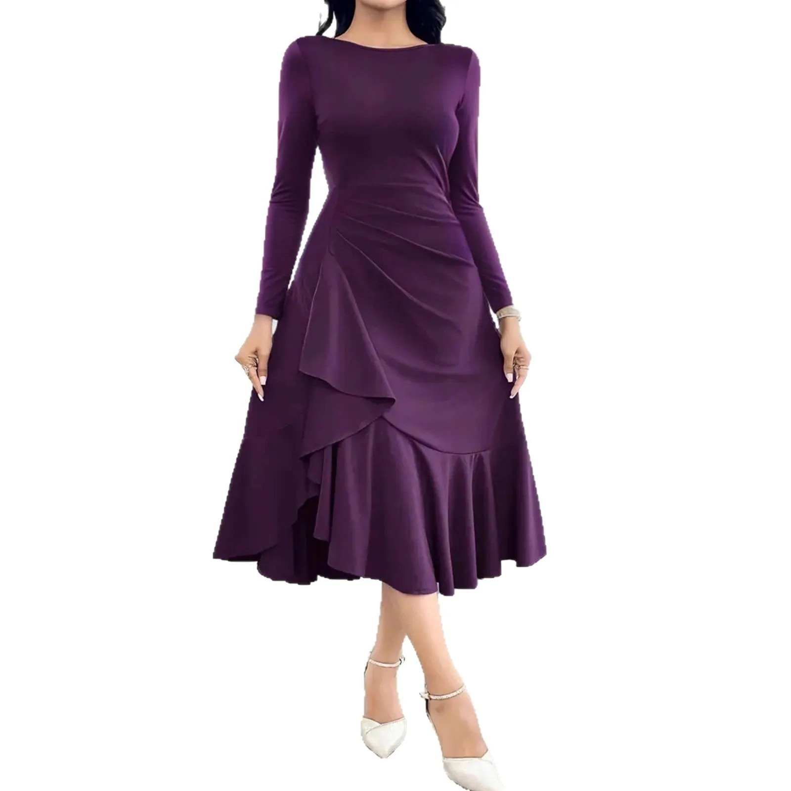 Purple women's long sleeve round neck dress with a ruffle detail on a hanger.
