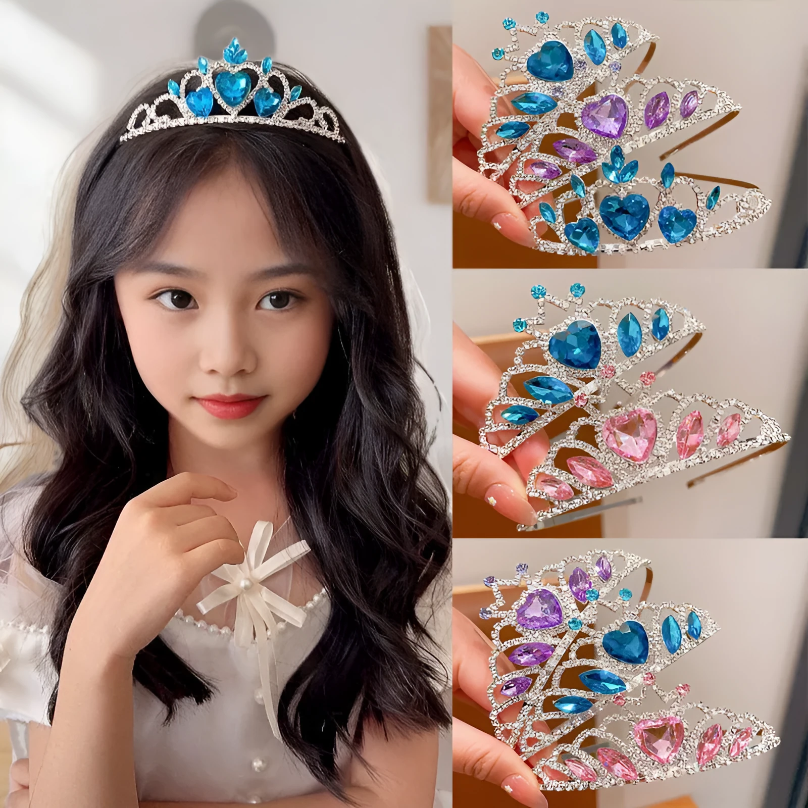 Children's metal alloy crown headdress hairband in pink, light blue, or light purple with crystal decoration.