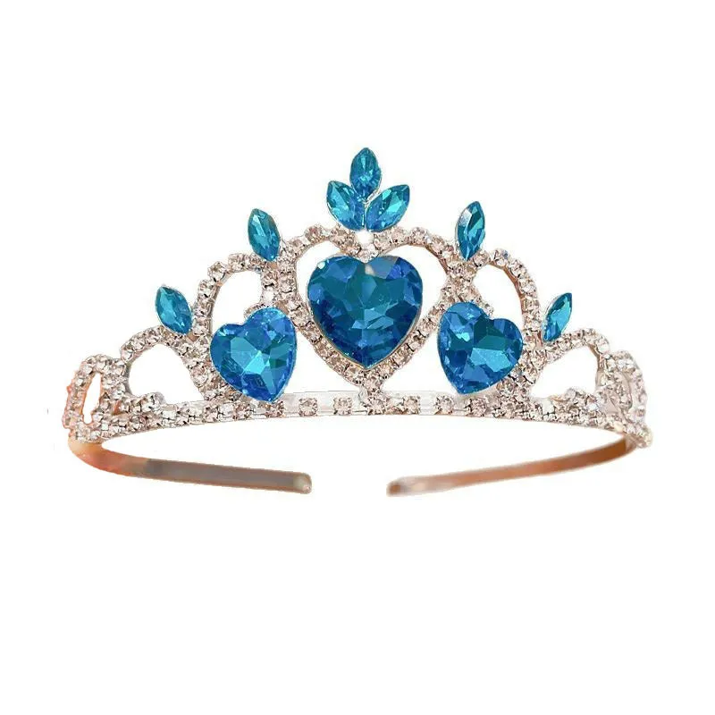 Children's metal alloy crown headdress hairband in pink, light blue, or light purple with crystal decoration.