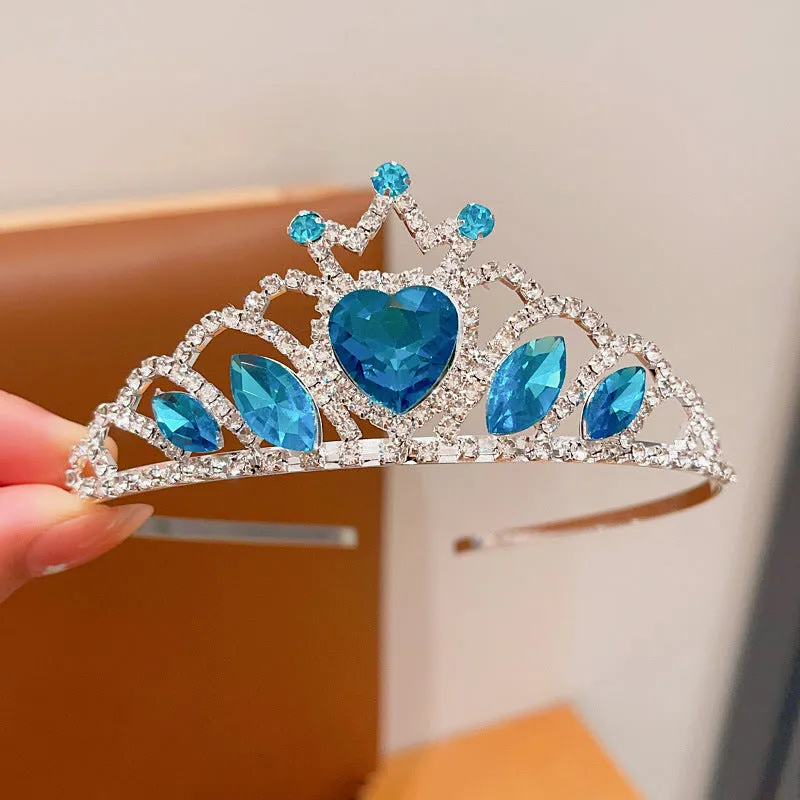 Children's metal alloy crown headdress hairband in pink, light blue, or light purple with crystal decoration.