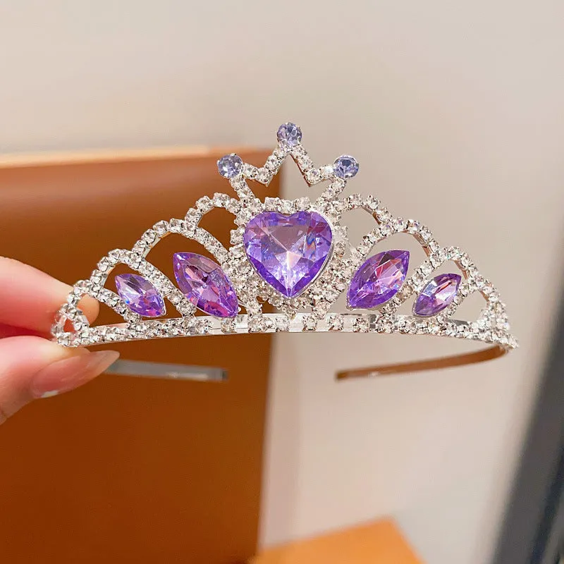 Children's metal alloy crown headdress hairband in pink, light blue, or light purple with crystal decoration.
