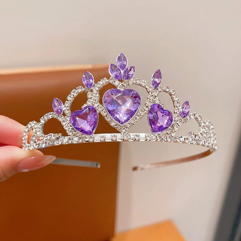 Children's metal alloy crown headdress hairband in pink, light blue, or light purple with crystal decoration.