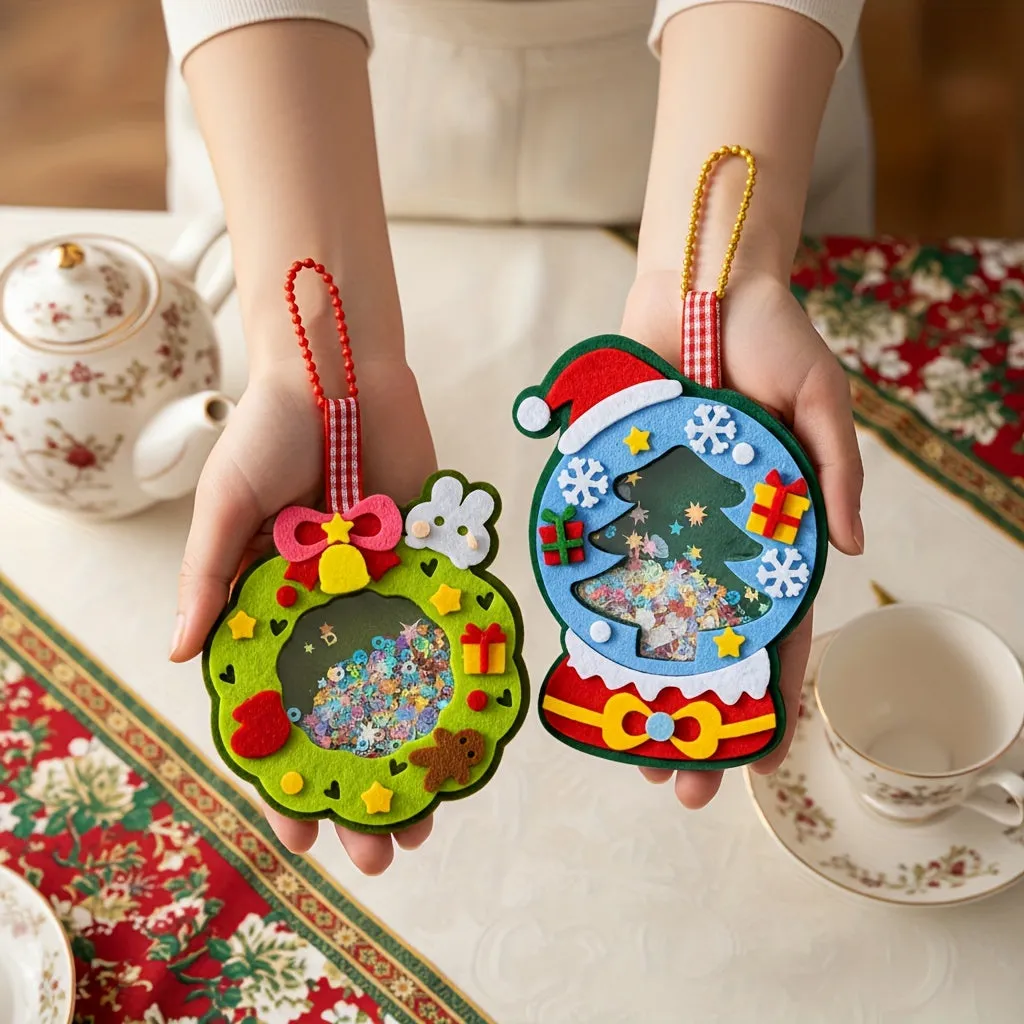 4pcs Christmas Felt Applique Kit with four ornament designs Santa Claus wreath tree crystal ball