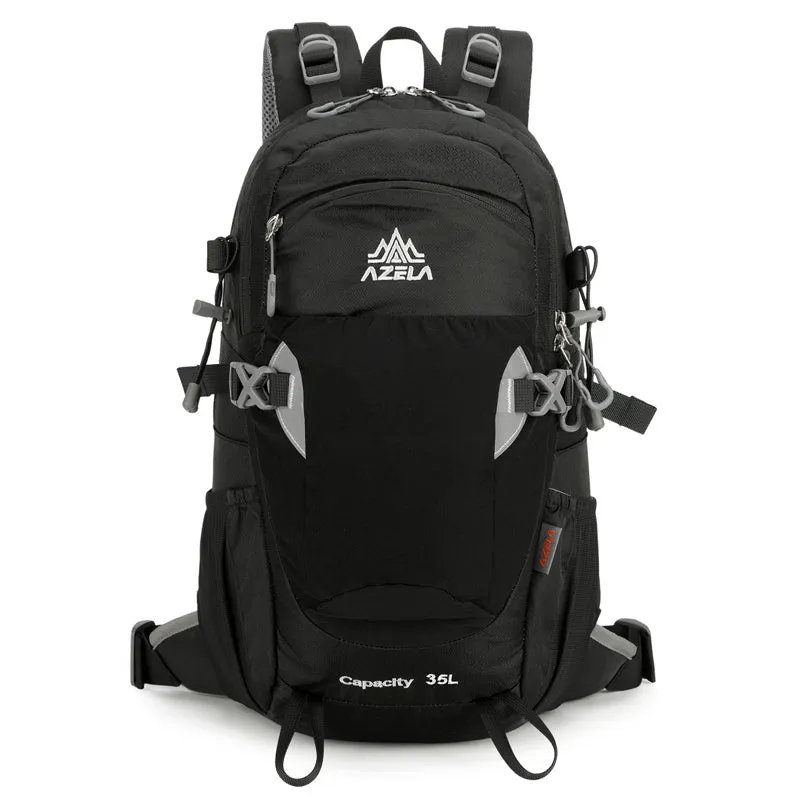 AZELA grey hiking backpack with adjustable straps on rocky trail outdoor setting