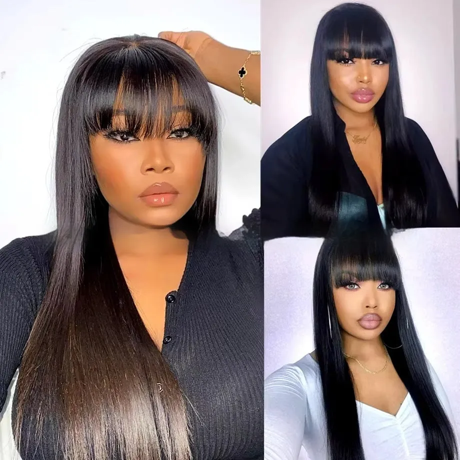 Natural colour human hair straight fringe wig on display showing full-mechanism headgear without lace