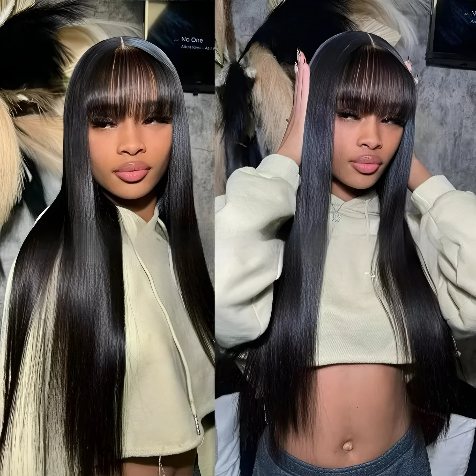 Natural colour human hair straight fringe wig on display showing full-mechanism headgear without lace