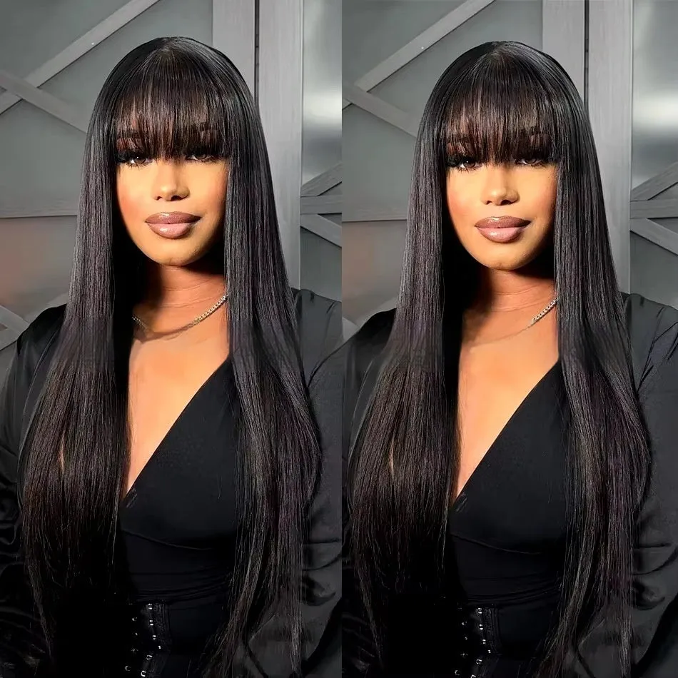 Natural colour human hair straight fringe wig on display showing full-mechanism headgear without lace