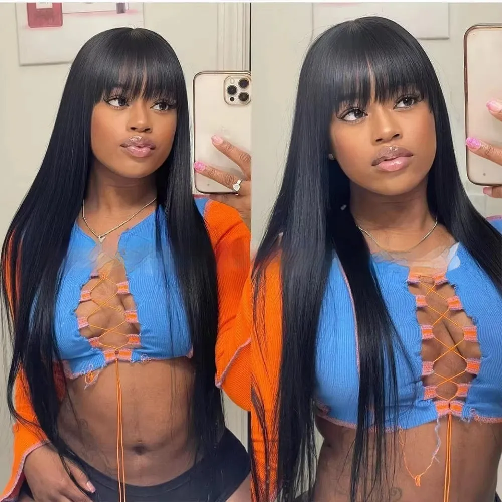 Natural colour human hair straight fringe wig on display showing full-mechanism headgear without lace
