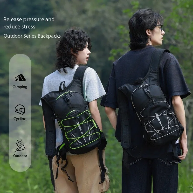 Lightweight breathable mesh hydration backpack with reflective details in black, suitable for trail running and mountain biking