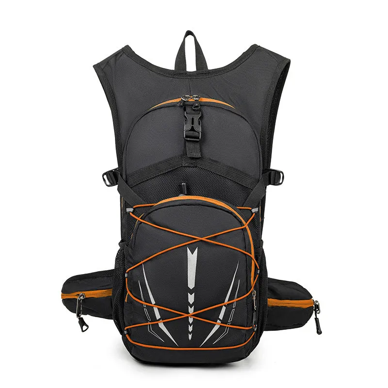 Lightweight breathable mesh hydration backpack with reflective details in black, suitable for trail running and mountain biking