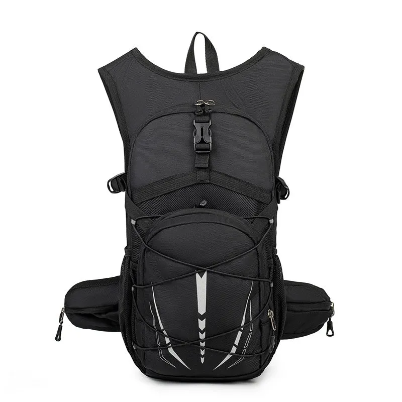 Lightweight breathable mesh hydration backpack with reflective details in black, suitable for trail running and mountain biking