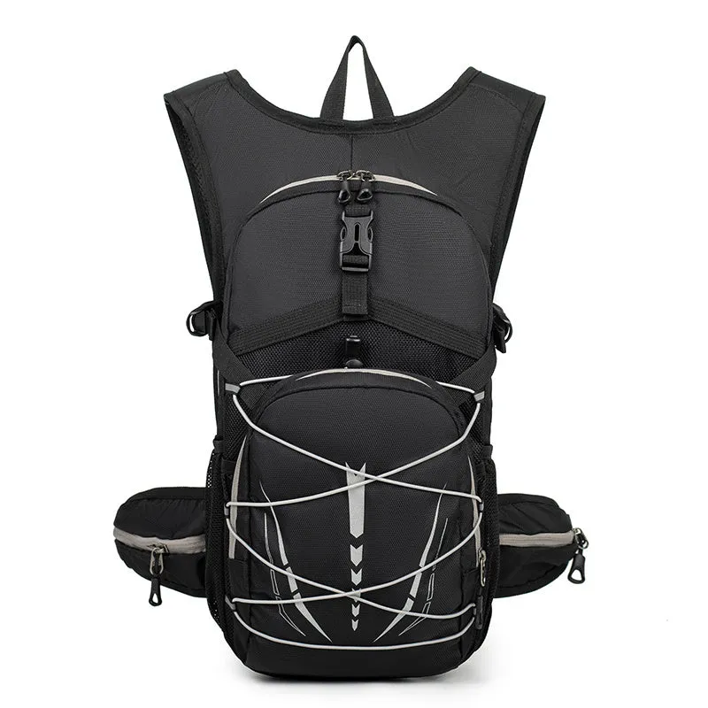 Lightweight breathable mesh hydration backpack with reflective details in black, suitable for trail running and mountain biking