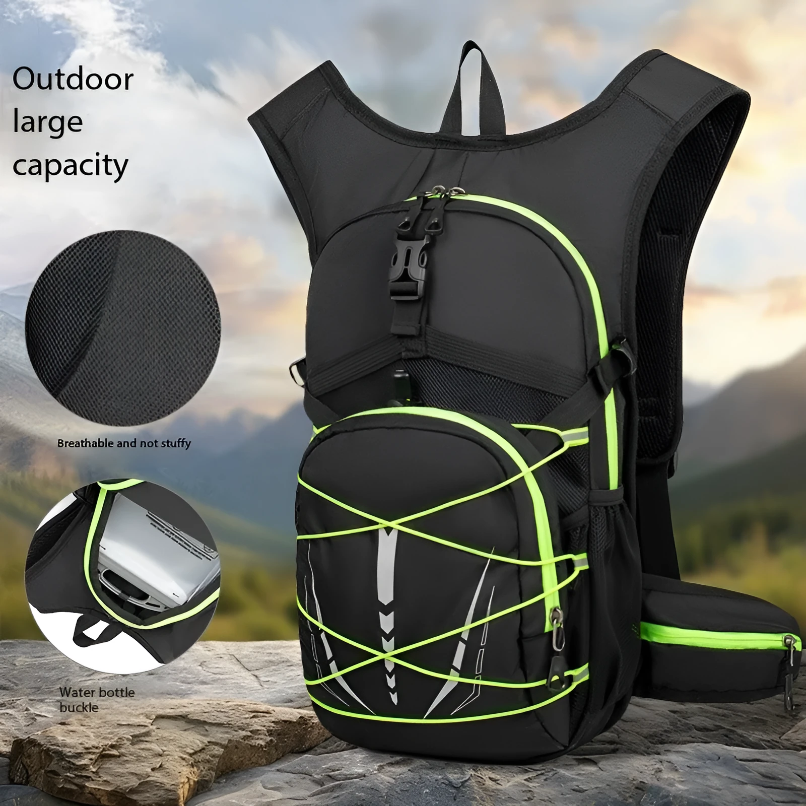 Lightweight breathable mesh hydration backpack with reflective details in black, suitable for trail running and mountain biking