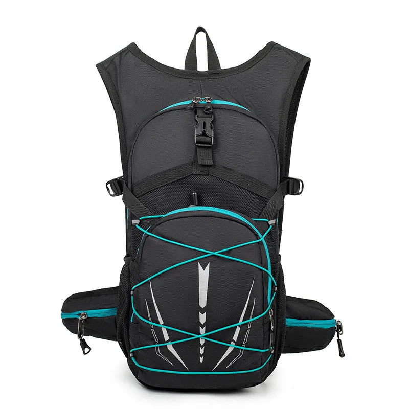 Lightweight breathable mesh hydration backpack with reflective details in black, suitable for trail running and mountain biking